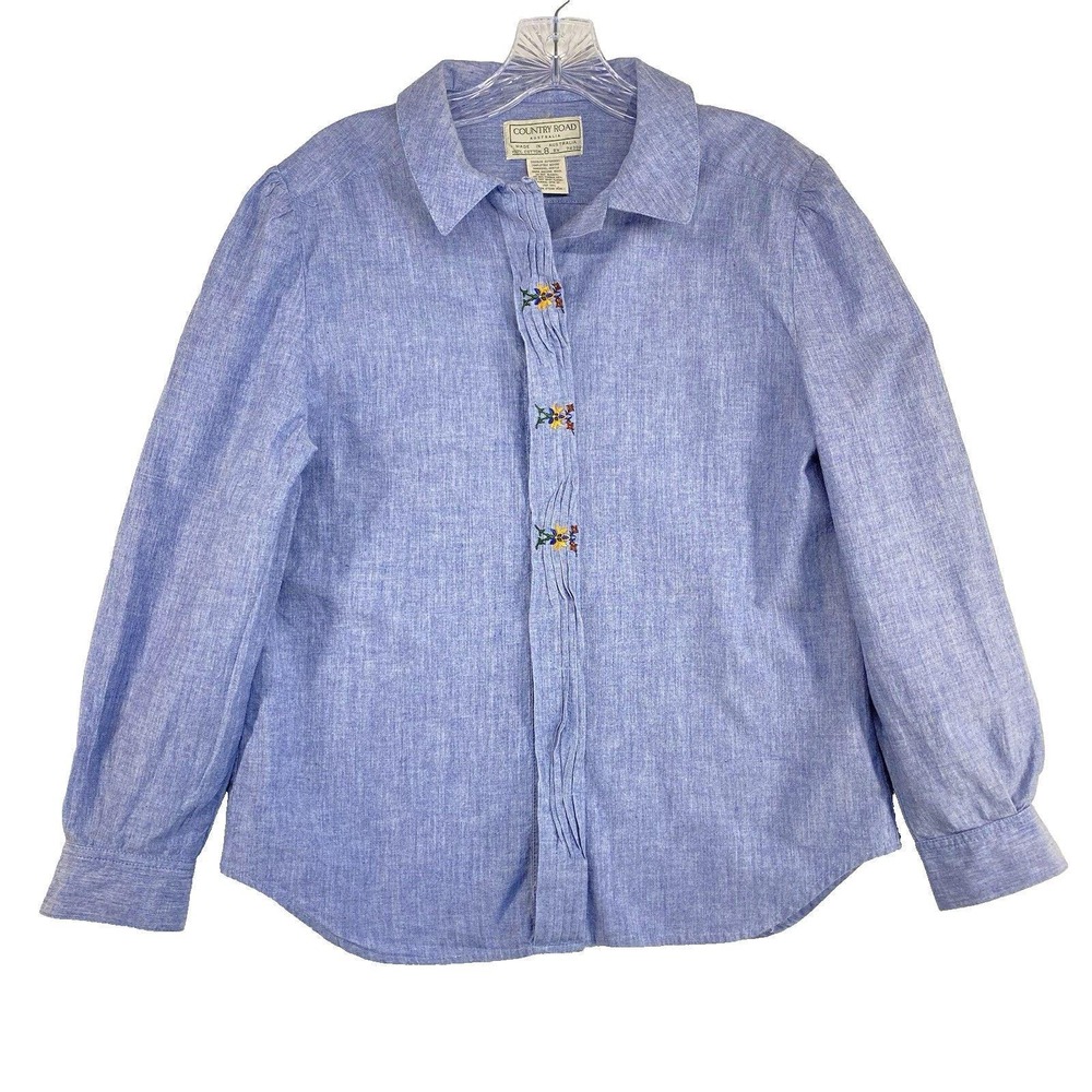 Vintage Country Road Shirt Top Women 8 Blue Embroidered Prairie Retro Cottage